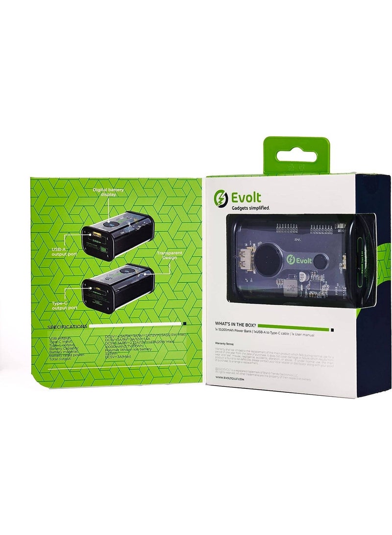 ايڤولت باور بانك شفاف من إيفولت بسعة 10000 مللي أمبير، طاقة بطارية 33.3 واط/ساعة، يمكنه شحن أجهزة متعددة في نفس الوقت، منافذ من النوع C (PD) و USB-A، شحن سريع، أسود | PB-200 - Image 4